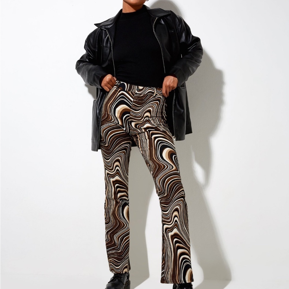 Motel Rocks Black and Brown Pants with Psychedelic Pattern Highwaisted - Picture 4 of 5